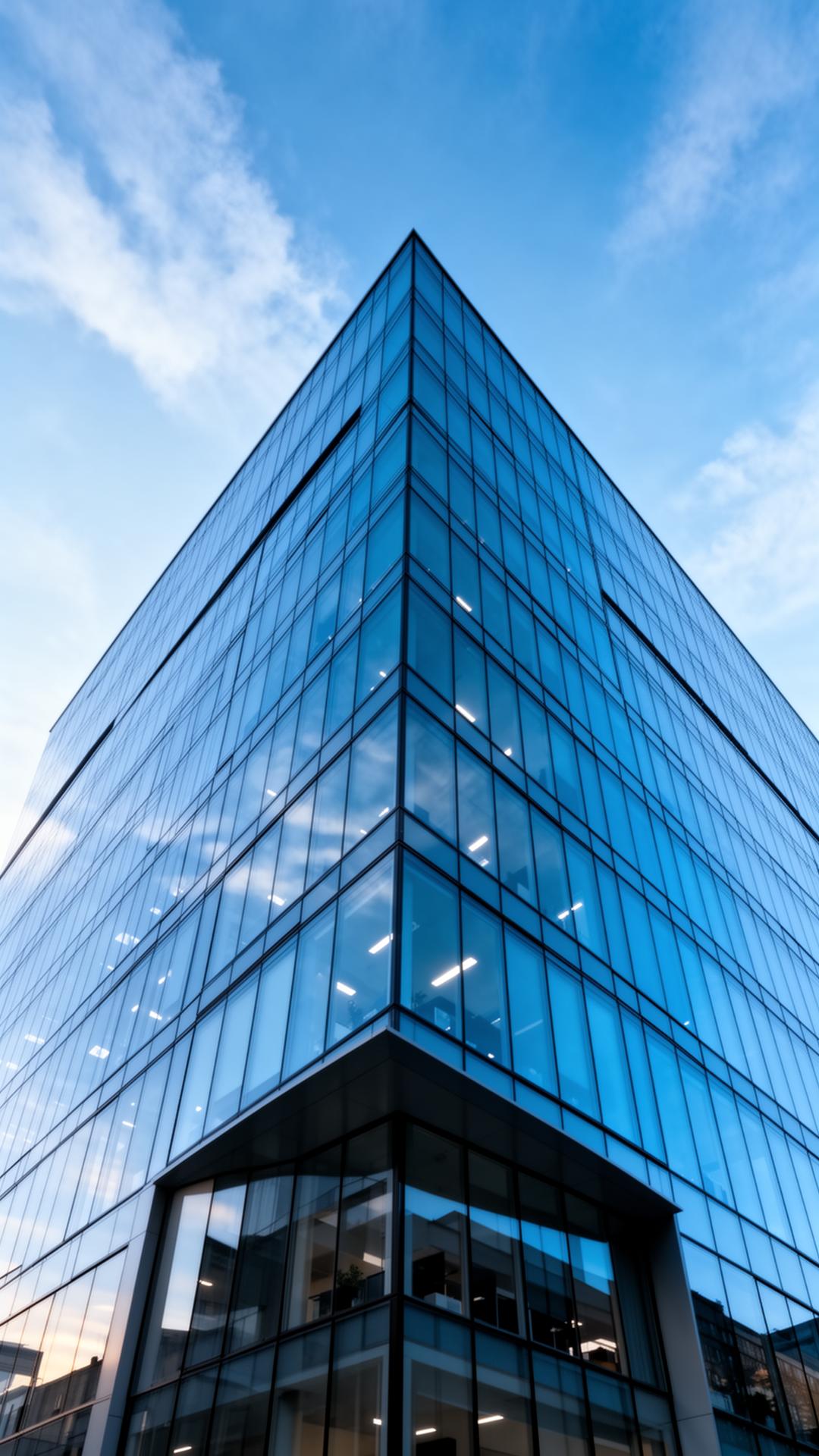 Moderne kontorbygg i glass mot blå himmel